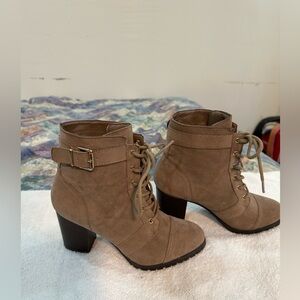 JustFab Taupe Heeled Boots with Buckle Detail